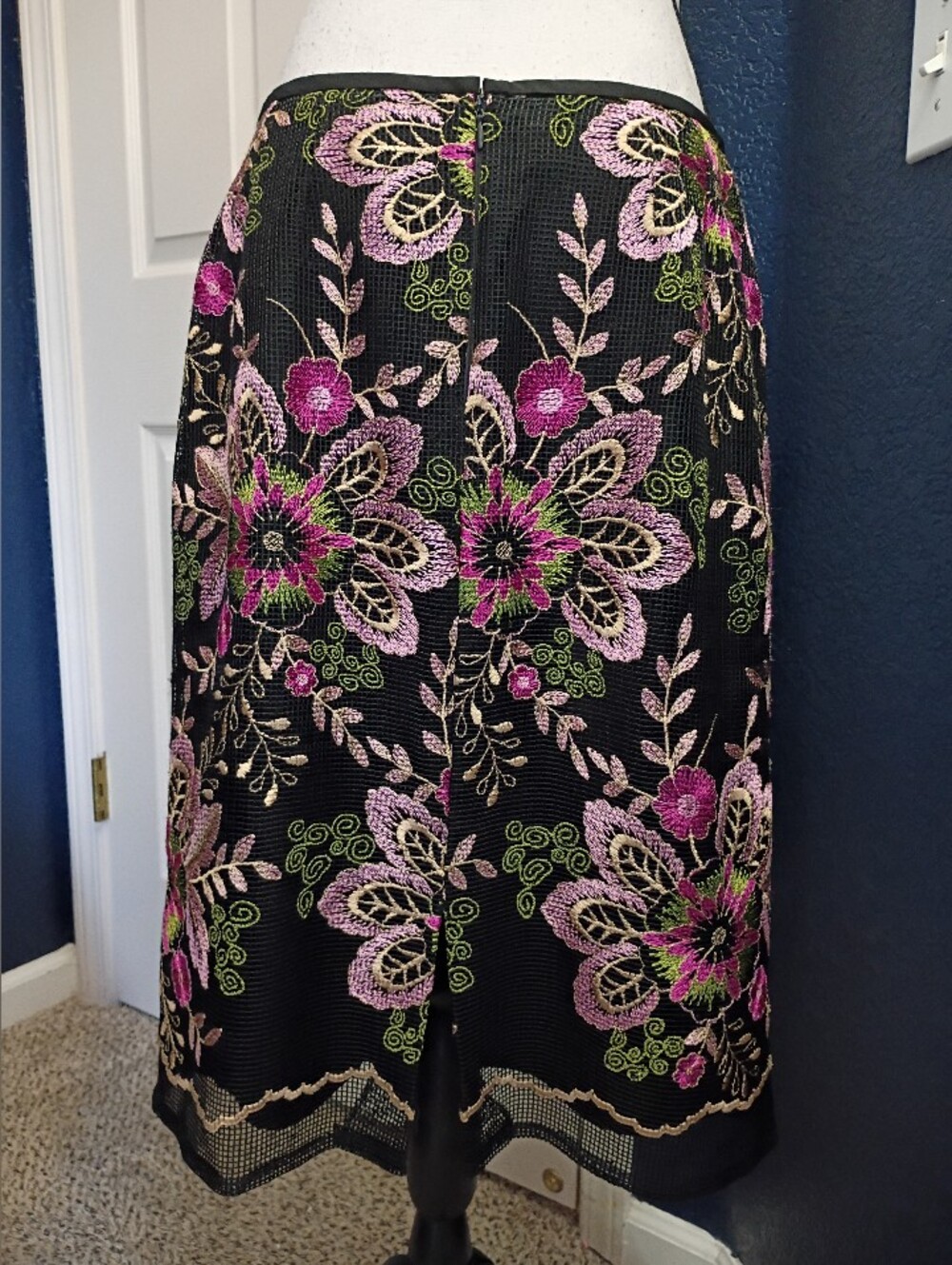Tahari Black Floral Embroidered Midi Skirt with Pink and Green Accents